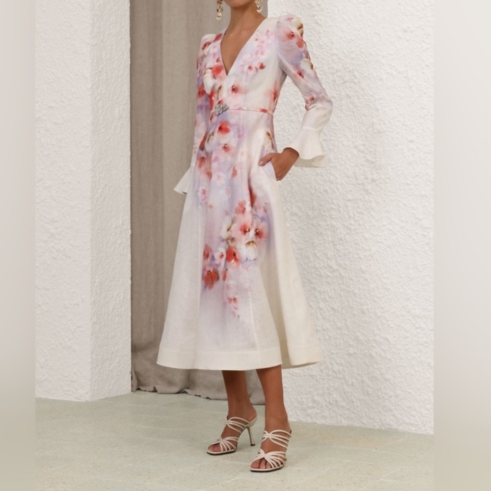 Zimmermann White and Pink Floral Long Sleeve Dress size AU 3 -US 10 - Picture 3 of 16
